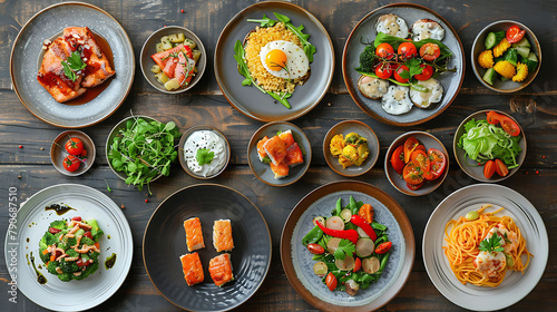 collage of various plates of food on a wooden background, top view, hyperrealistic food photography