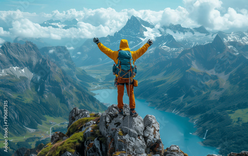 Person standing triumphantly on mountain top. Generative AI