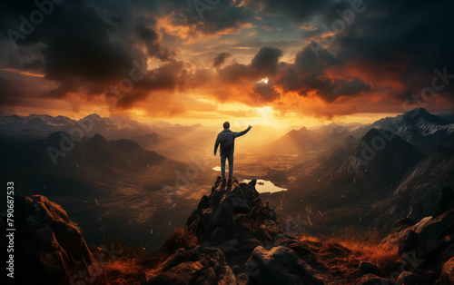 Man standing on top of a mountain at sunset. Generative AI