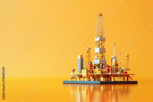 A colorful city with a large oil rig in the foreground