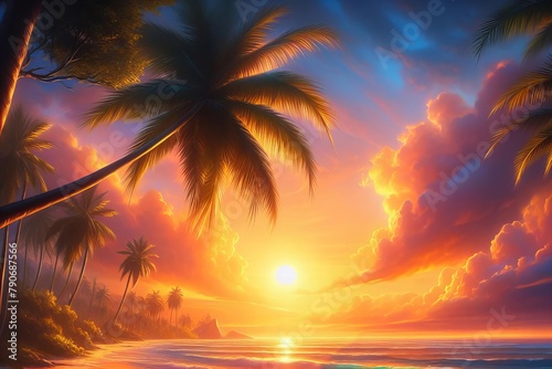 beautiful sunset over the ocean with palm trees in the background