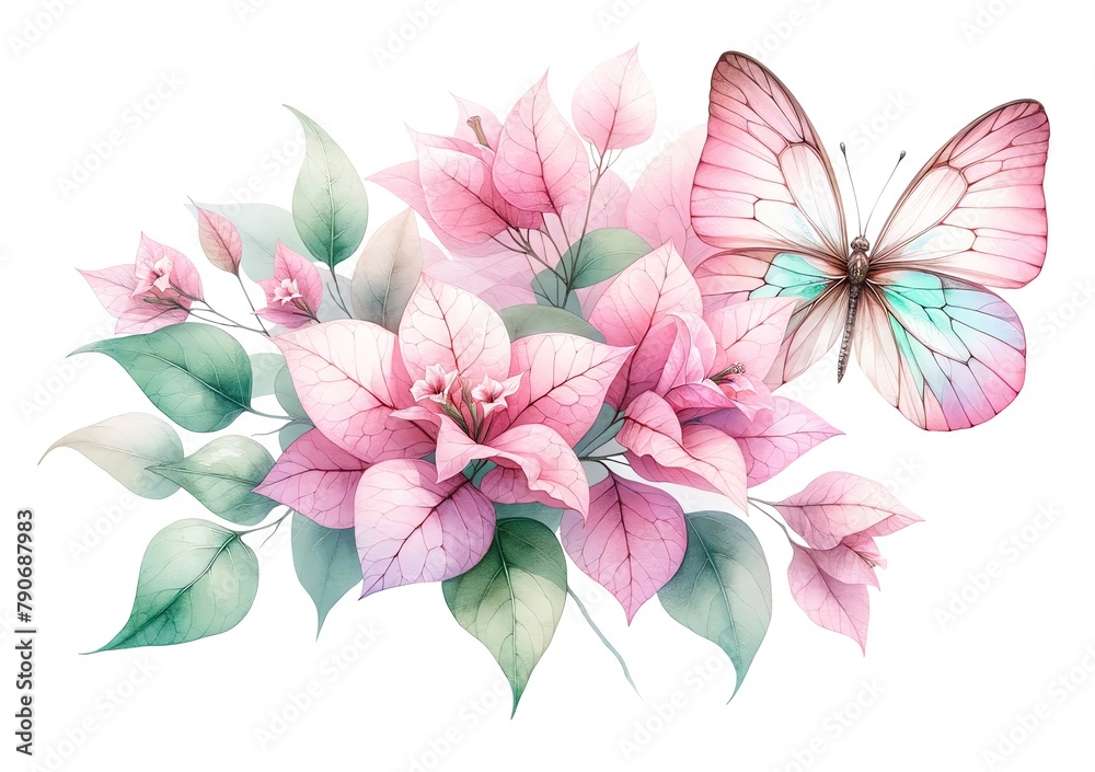 Watercolor illustration of soft pink Bougainvillea flowers with Butterfly