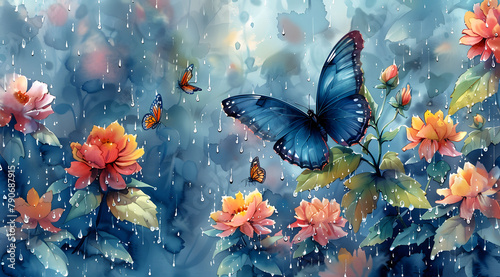 Rainy Reverie  Watercolor Symphony of Spring  Sheltering Butterflies Amidst Shower