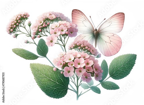 Watercolor illustration of Soft Pink Alyssum with Butterfly © monkik.