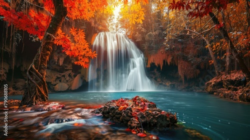 Landscape Waterfall. Captivating View of Huay Mae Kamin Waterfall in Colorful Autumn Forest photo
