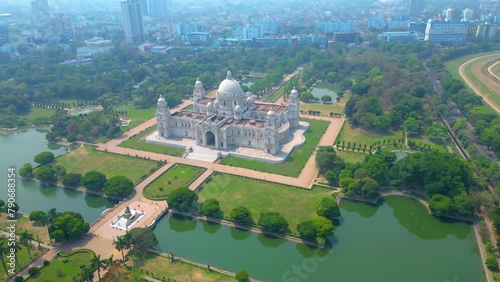 Aerial view of  Victoria Memorial is a large marble monument on the Maidan in Central Kolkata photo