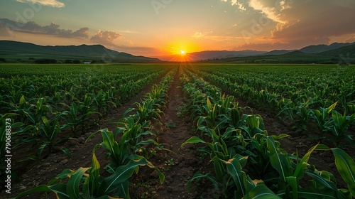 An expansive landscape with rows of Mexican street corn (Elote) fields stretching into the distance-1