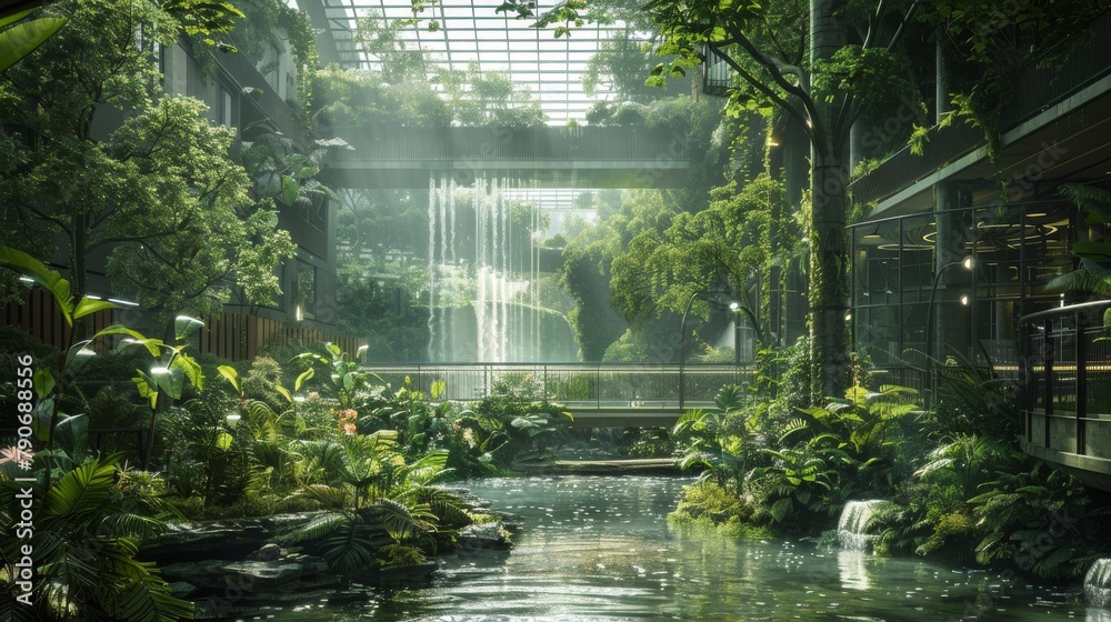 A lush indoor garden with a waterfall and a river running through it.