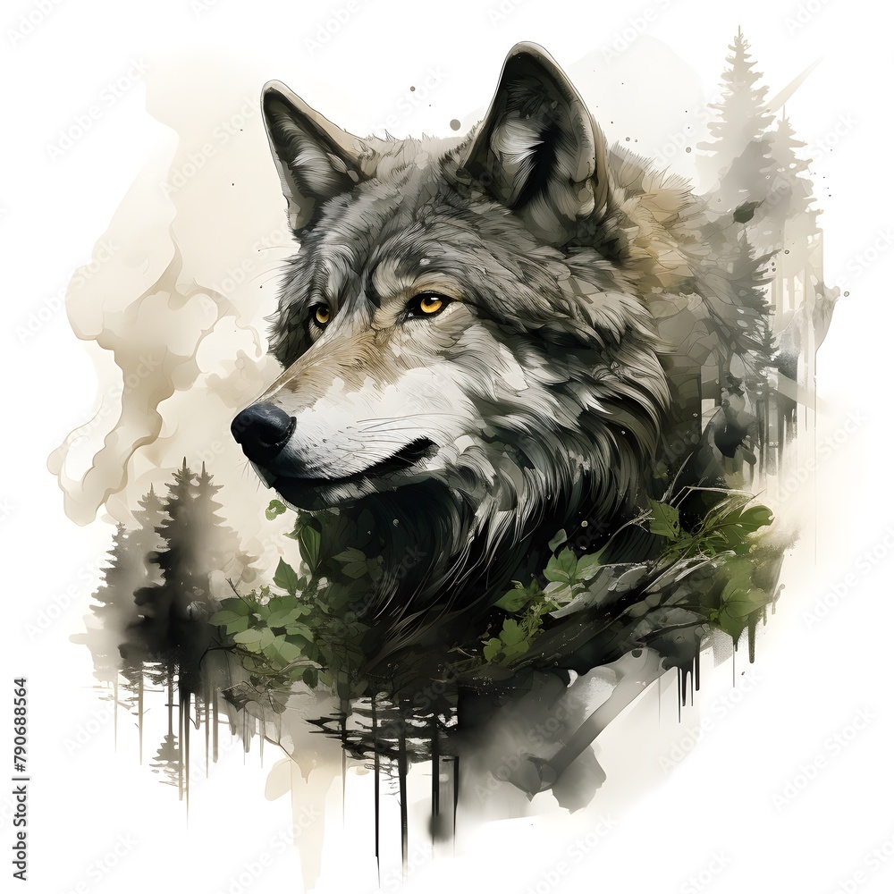double exposure of wolf face with forest trees and mountains,Digital ...