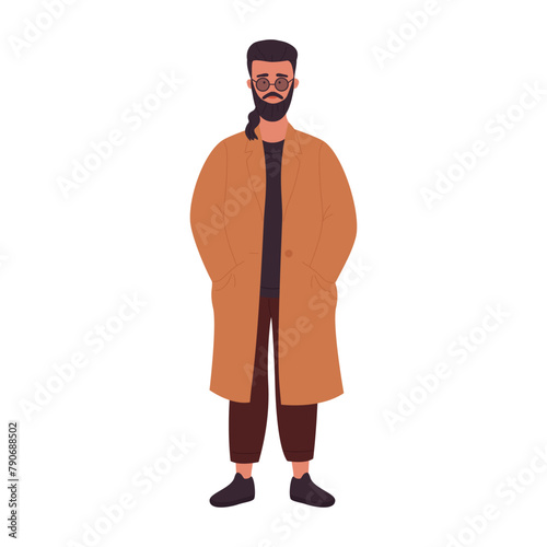 Muslim young man with beard and glasses, hipster in trendy clothes vector illustration