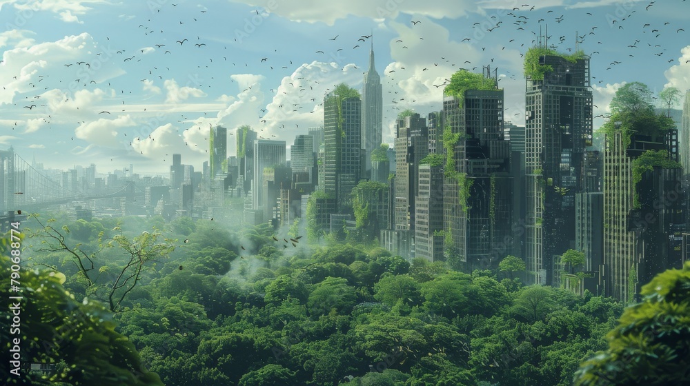 An overgrown and abandoned city, with nature taking over