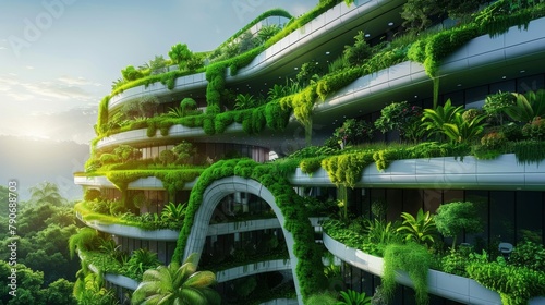 An illustration of a futuristic green building covered in plants and vegetation with a blue sky and sun in the background. photo