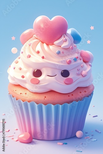 An adorable, anthropomorphic cupcake with a smiling face, topped with a pink heart and surrounded by colorful sprinkles. photo