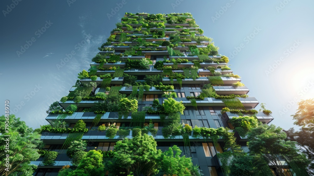 The image shows a green skyscraper covered in plants and trees. - obrazy, fototapety, plakaty 