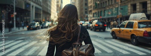 Back view of a woman walking down a New York street with long brown hair and a black outfit carrying a handbag, cars in the background in motion blur, a wide shot, during the daytime