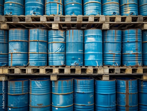 Neat rows of worn blue industrial barrels on wooden pallets exhibiting order and storage management.