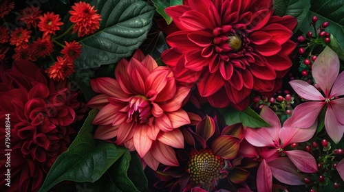 Stunning photograph showcasing vibrant red and pink flowers with foliage Vibrant image photo