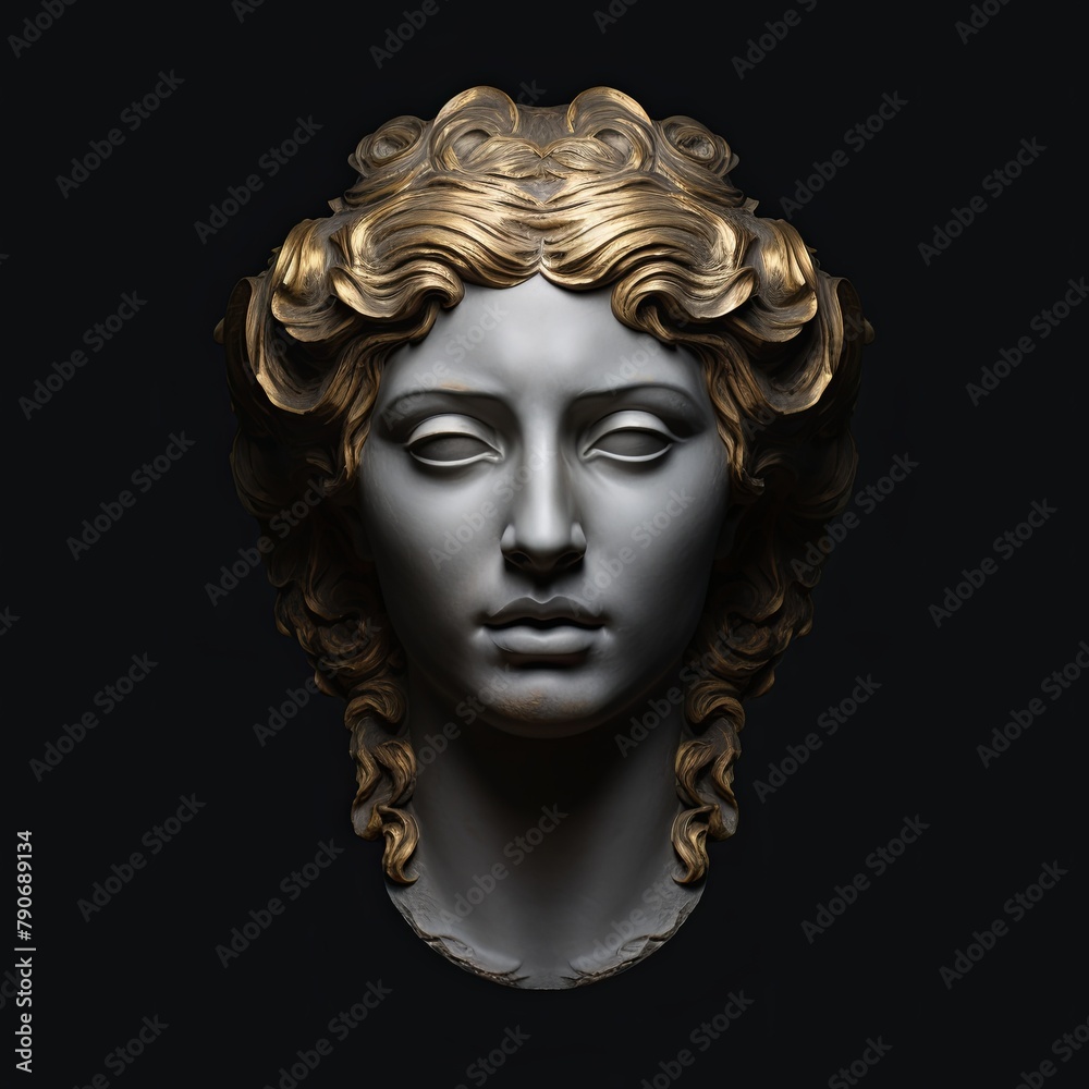 AI generated illustration of a close-up of a statue with golden hair and eyes