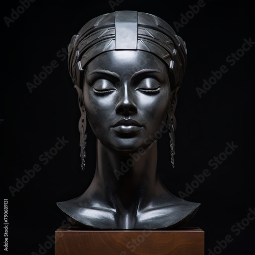 AI generated illustration of a sculpture of a woman with long hair styled on top of her head