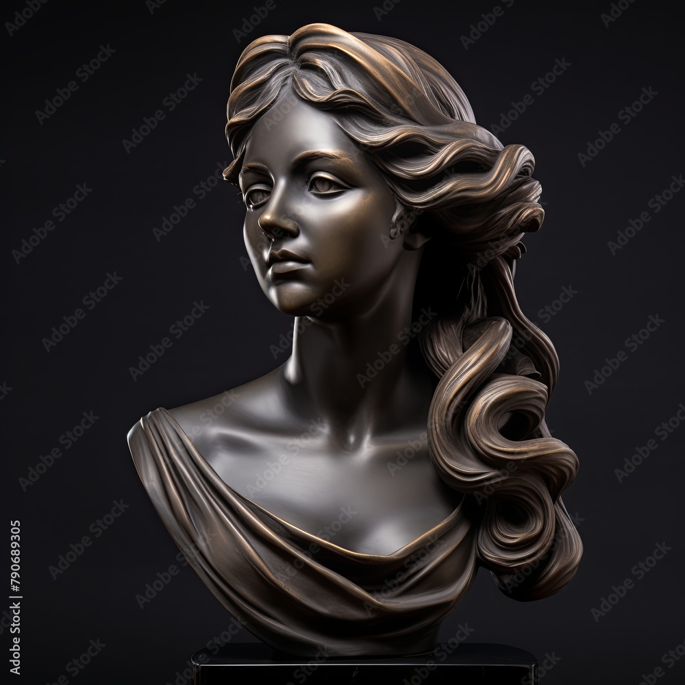 a bust sculpture on a pedestal against a black background with a low lighting