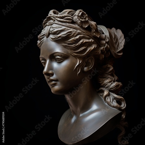 AI generated illustration of a sculpture of woman with closed eyes against black backdrop