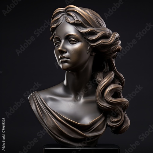 a bust sculpture on a pedestal against a black background with a low lighting