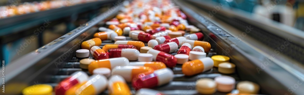 A pharmaceutical production line conveyor belt filled with numerous pills, showcasing tablets or vitamins manufacturing process A pharmaceutical production line conveyor belt filled with numerous pills, showcasing tablets or vitamins manufacturing process