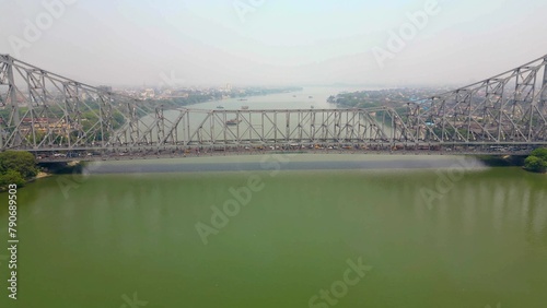 Aerial view of Howrah Bridge, This is a balanced steel bridge over the Hooghly River in West Bengal, India.