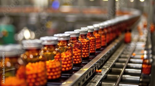 Bottles filled with oranges are moving along a pharmaceutical production line conveyor belt