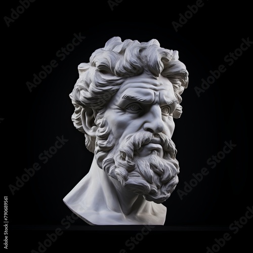 AI generated illustration of a white marble bust with a beard and long hair