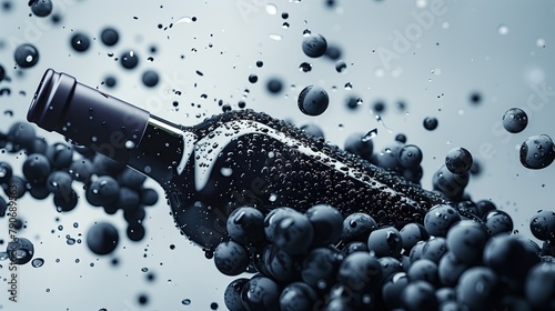 Blank wine bottles with black grapes floating on black background,take product photos and advertisements. photo