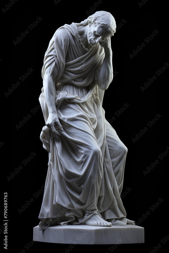 AI generated illustration of a sculpture of a sorrowful man on a stand against a dark backdrop
