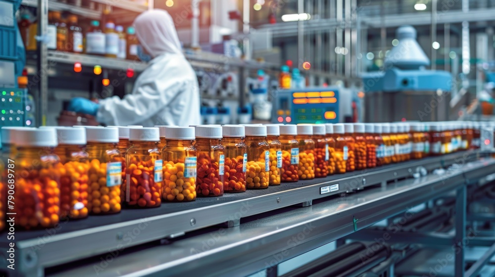 Factory workers on a pharmaceutical production line in a facility filled with jars containing liquid, focusing on tablet and vitamin manufacturing