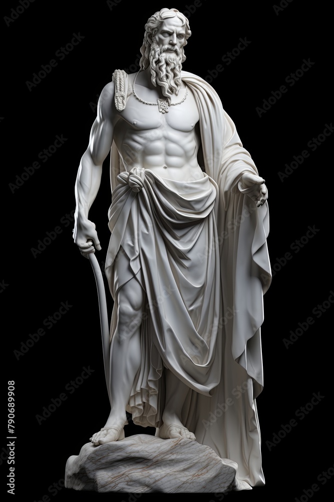 the statue is white and stands in front of a black background