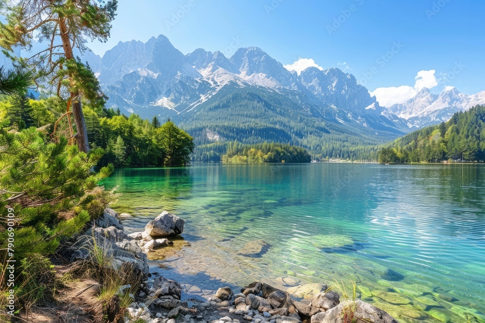 An incredible view of the German lake Eibsee, drenched in sunlight and encircled by mountains.