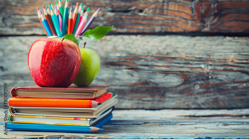 
 A Stack of Books with Pencils and an Apple for Academic Pursuits. Books, Pencils, and an Apple for Studious Minds.
