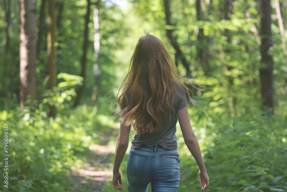 Walking Nature. Girl Breathing Fresh Air in Forest Park, Concept of Relaxation and Healthy Lifestyle Walking Nature. Girl Breathing Fresh Air in Forest Park, Concept of Relaxation and Healthy Lifestyle