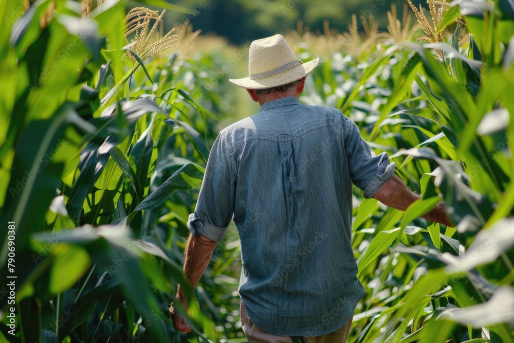 Unrecognizable Senior Farmer Inspecting Health of Corn Crops in Agricultural Field