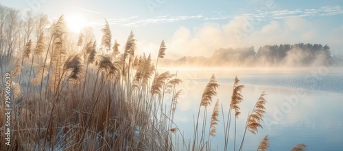 Gorgeous reeds with warm sunlight and a misty fog surrounding them on the lake side  during the winter.