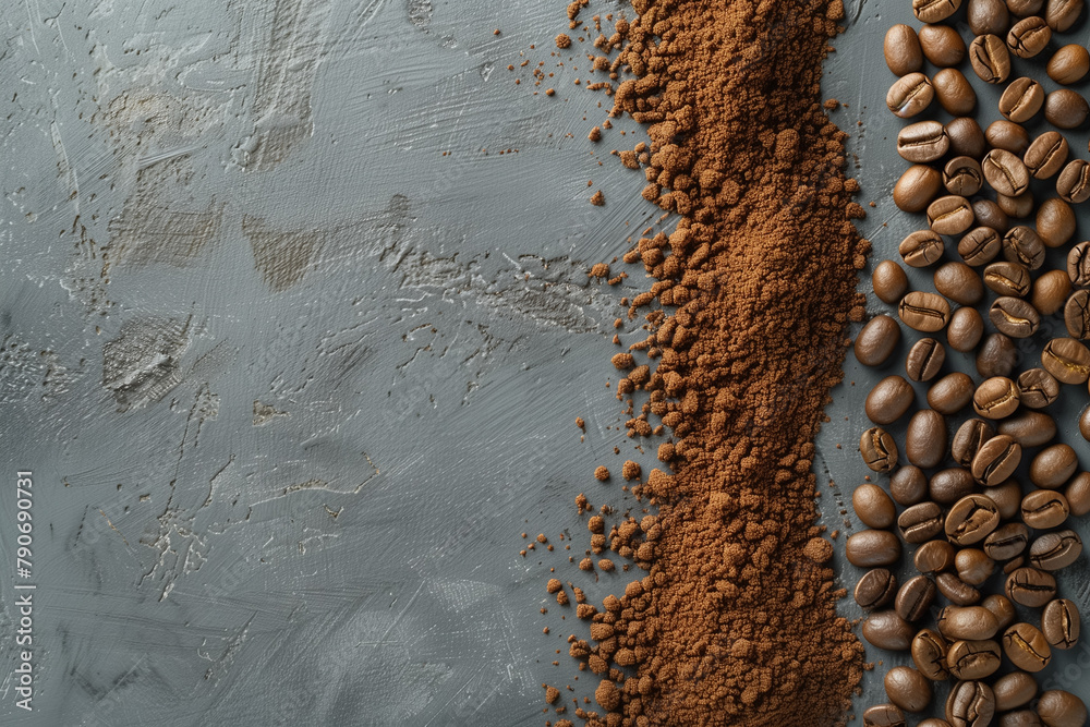 Flat lay of captures the essentials of coffee making ground coffee, whole beans, in a minimalist style isolated on grey background Flat lay of captures the essentials of coffee making ground coffee, whole beans, in a minimalist style isolated on grey background