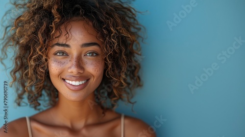 Close up portrait of a beautiful young woman with curly hair smiling at the camera  perfect clean teeth and skin