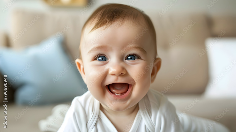 Cheerful Baby's Amusing Giggle Portrait at Home on Couch Cheerful Baby's Amusing Giggle Portrait at Home on Couch