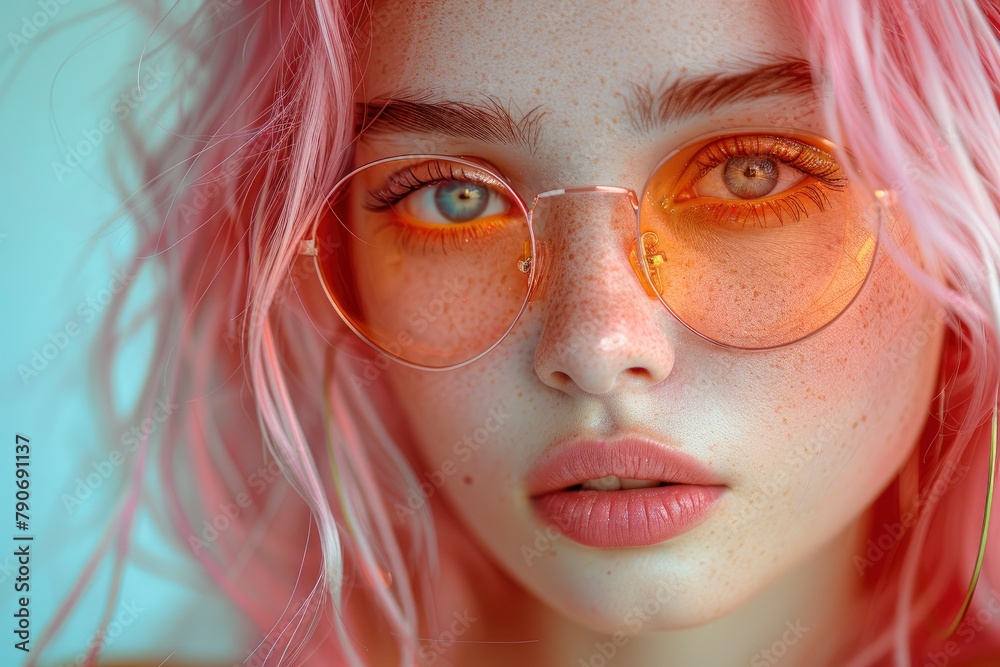Beautiful girl with pink hair, wearing headphones and sunglasses, freckles on her face, looking at the camera, portrait photography Beautiful girl with pink hair, wearing headphones and sunglasses, freckles on her face, looking at the camera, portrait photography