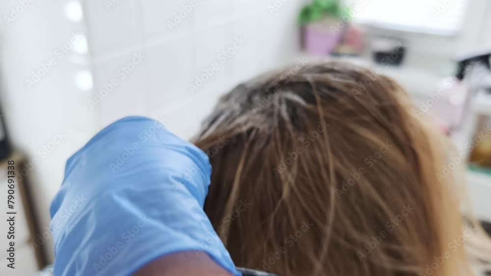 Blonde attraktive Frau, die sich Haarfarbe mit einem Pinsel aufträgt Blonde attraktive Frau, die sich Haarfarbe mit einem Pinsel aufträgt