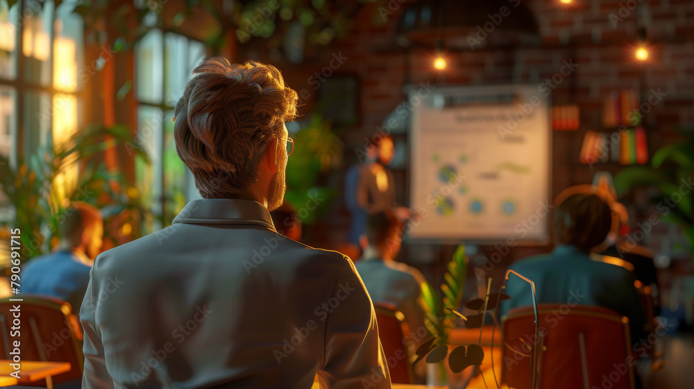 Businessman watches a presenter at a conference in a sunny room with plants. Businessman watches a presenter at a conference in a sunny room with plants.