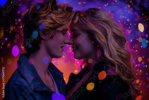 Prom king and queen. Young couple in love standing in a dimly lit room. Surrounded by vibrant purple and blue neon light, sprinkles, splashes, glitters and sparkles.