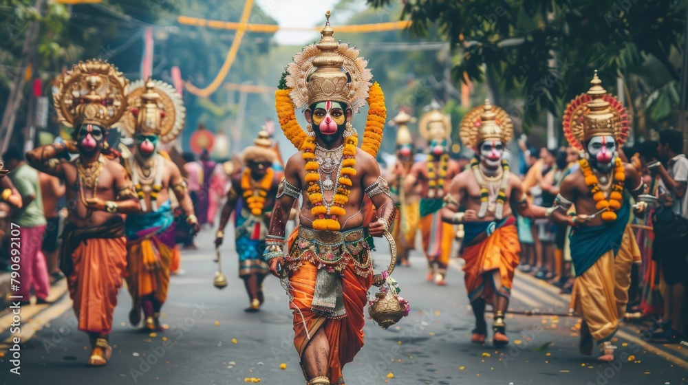 An image of a traditional parade featuring people dressed as Hanuman and other characters from the Ramayana epic