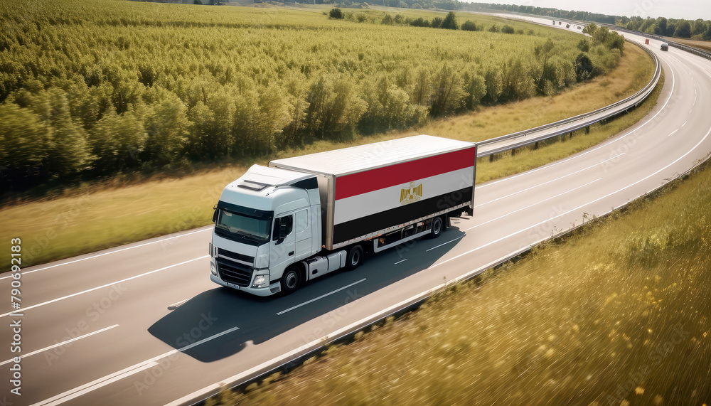 An Egypt-flagged truck hauls cargo along the highway, embodying the essence of logistics and transportation in the Egypt An Egypt-flagged truck hauls cargo along the highway, embodying the essence of logistics and transportation in the Egypt