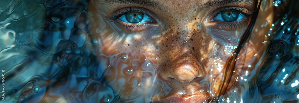 A beautiful woman's face is reflected in the water