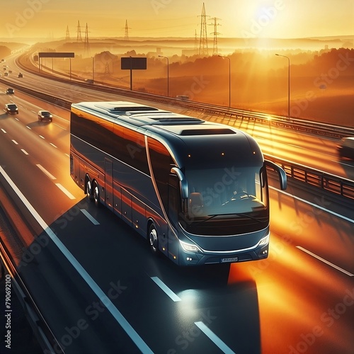 An intercity large and spacious bus travels along the highway- Generative AI photo